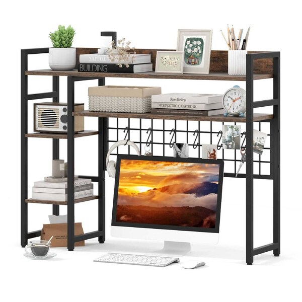 Giantex 4-Tier Desktop Display Rack Desk Shelf w/Metal Grid Panel Hutch Organizer for up to 32” Monitors Brown
