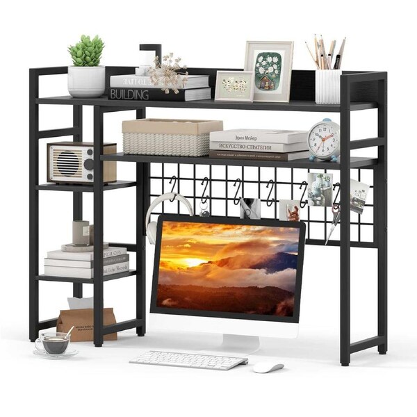 Giantex 4-Tier Desktop Display Rack Desk Shelf w/Metal Grid Panel Hutch Organizer for up to 32” Monitors Black
