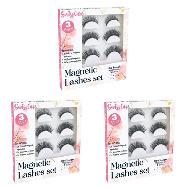3PK 3 Pairs of Swisscare Magnetic Eyelashes w/ Eyeliner & Tweezer Set Reusable