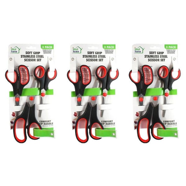 3x 3pc Ideal Home Soft Grip Stainless Steel Craft Scissors Set Multipurpose