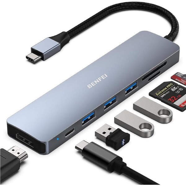BENFEI 000307GY USB-C 7in1 Multi-port HUB with USB-C to HDMI, SD/TF Card Reader/3*USB 3.0/60W PD