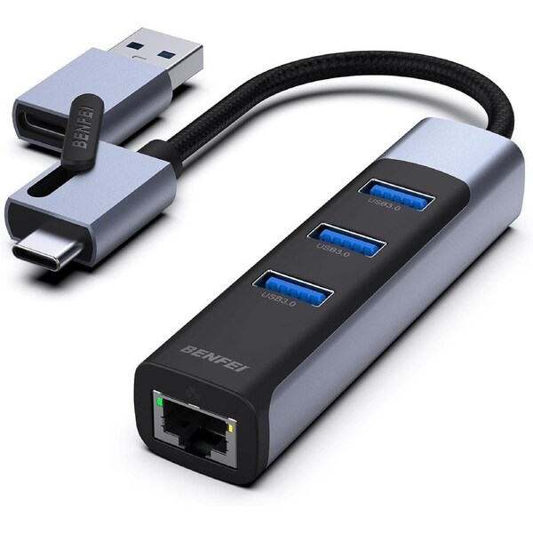 BENFEI 000350GY 2-in-1 USB-C+USB 3.0 to RJ45 Gigabit Ethernet Port + 3-Port USB 3.0 HUB