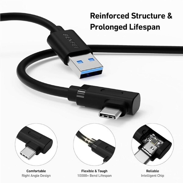 BENFEI 000375BK-1M USB 3.0 to Right Angled USB-C Fast Charging Cable Data Sync, Durable PVC Black 1M