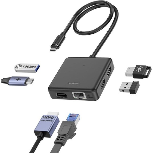BENFEI 000399BK 6 In 1 USB-C HUB to HDMI (8K) + USB3.2 (10Gbps) +USB2.0 x 2 + PD100W + RJ45 Black