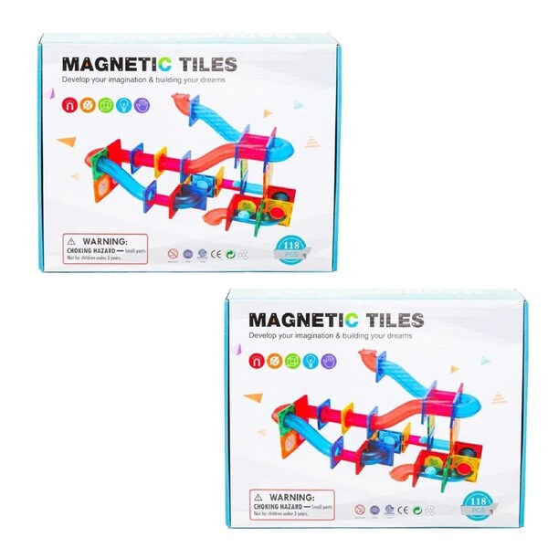 2PK Gem Toys 118 Pcs Magnetic Building Tiles & Marble Run w/Storage Bag 3y+