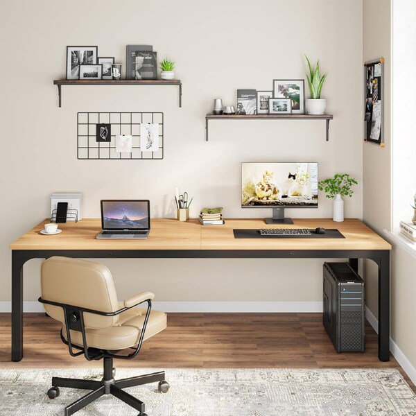 OAKORY 200cm Home Office Desk for Two People, Large Writing Desk with Heavy-Duty Metal Legs, Black & Light Walnut