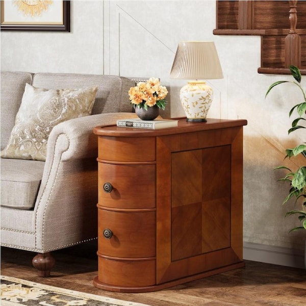 OAKORY 60cm Solid Wood Side Table with 2 Drawers, Fully Assembled Bedside Table, Walnut Narrow End Table for Living Room or Bedroom