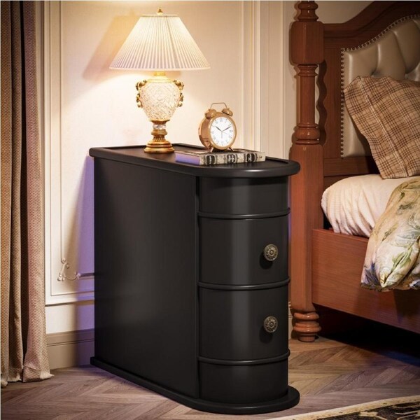 OAKORY 60cm Solid Wood Bedside Table with 2 Drawers, Fully Assembled End Table, Black Narrow Side Table for Living Room or Bedroom