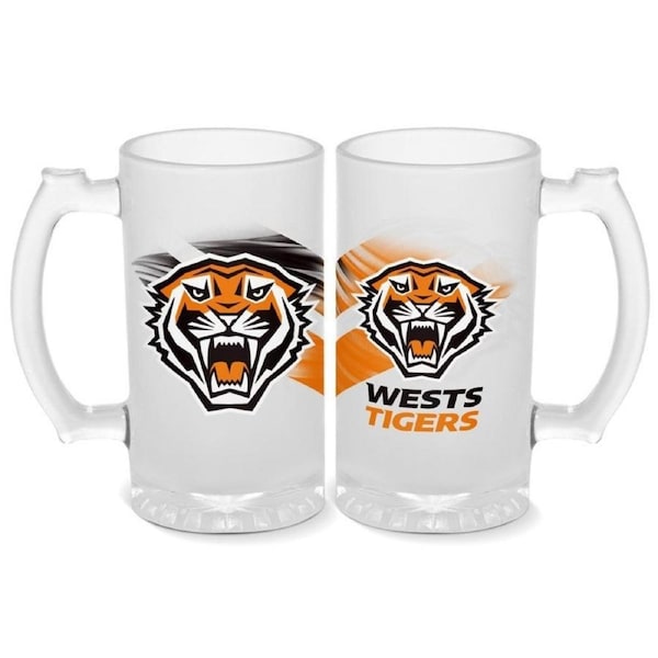 NRL Frosted Stein Glass - West Tigers - 500ml - Drink Cup Mug
