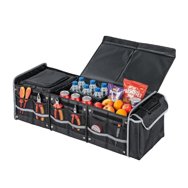 ACA 3 Compartments Foldable Large Car Boot Organiser with Cooler Partition Collapsible Storage Box Trunk Bag With Pocket