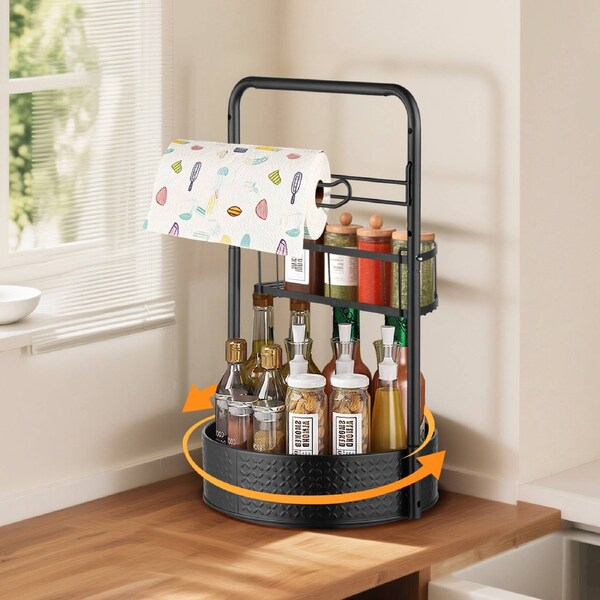 ACA Kitchen 2 Tier Metal Lazy Susan Spice Rack Rotate Height Adjustable Seasoning Organizer w/Paper Holder