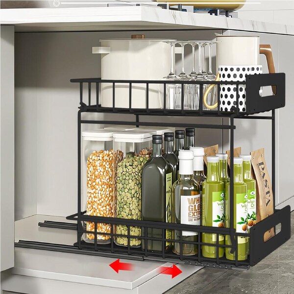 ACA 2 Tier Pull out Kitchen Under Sink Organizer Cabinet Storage Rack Black For Home Bathrrom