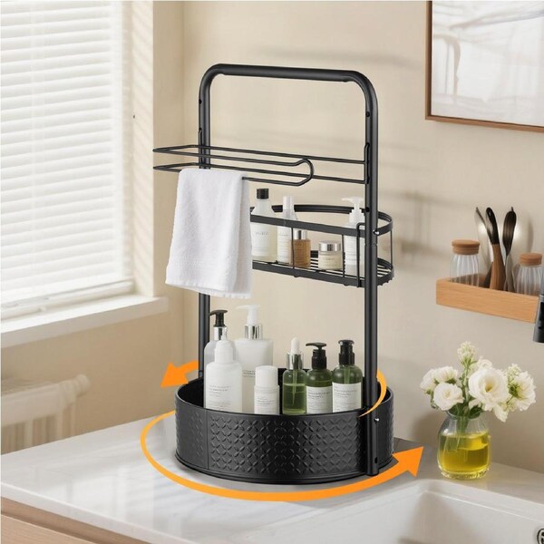 2 Tier Lazy Susan Spice Rack Metal Rotate Height Adjustable Seasoning Organizer Bottle Can Paper Holder Coffee Bar Storage