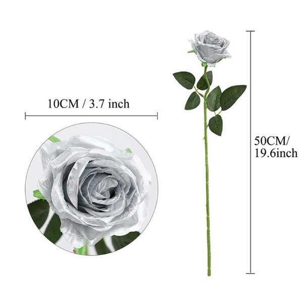 Nevenka 10Pcs Artificial Silk Rose Bouquet Fake Rose Event Gift for Wedding Party-Silver