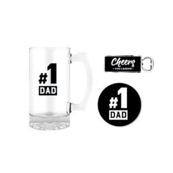 Premium Gift Set Glass Stein, Coaster & Bottle Opener #1 Dad, Landmark BG0100