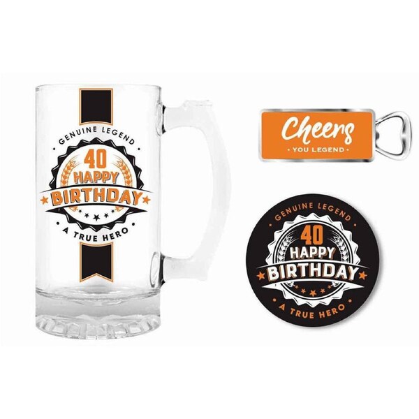Premium Gift Set Glass Stein, Coaster & Bottle Opener 40 Happy Birthday, Landmark BG0123
