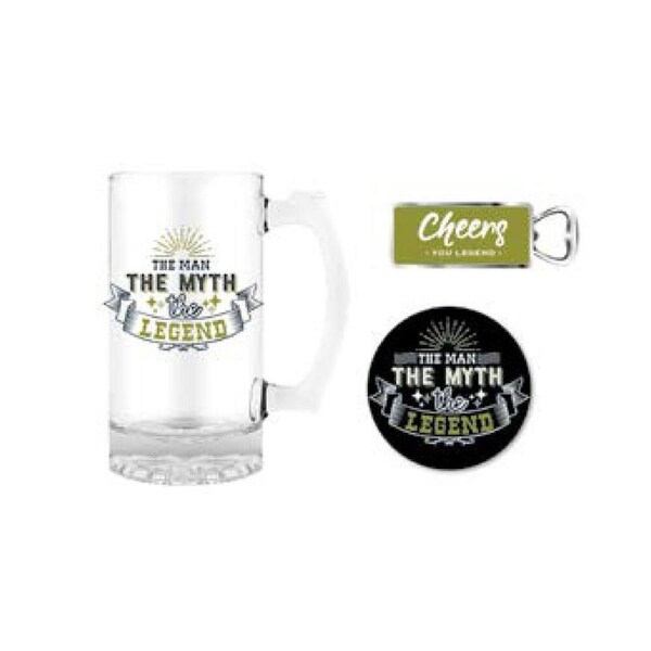 Premium Gift Set Glass Stein, Coaster & Bottle Opener The Man, The Myth, The Legend, Landmark BG0103