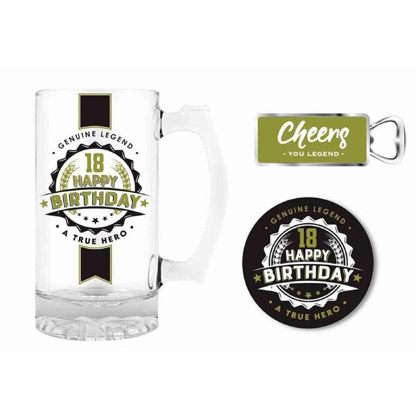 Premium Gift Set Glass Stein, Coaster & Bottle Opener 18 Happy Birthday, Landmark BG0120