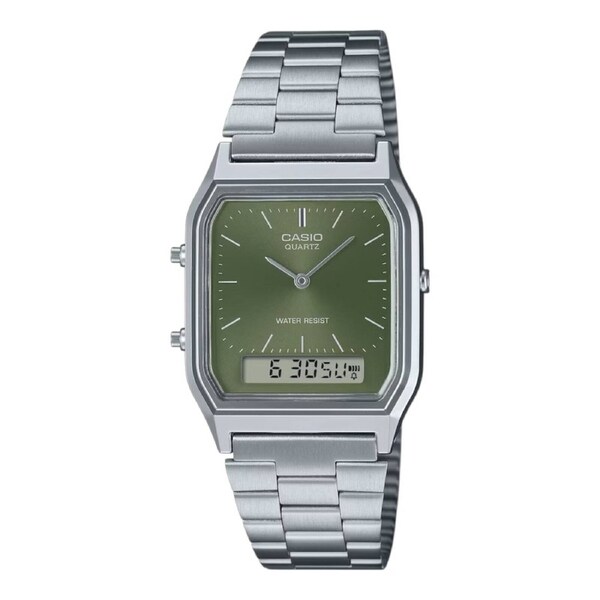 Casio AQ-230A-3A Green Dial Silver Stainless Steel Unisex Retro Watch