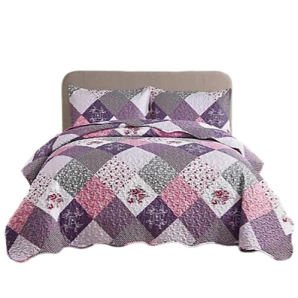 Queen Size Bedspread Quilted Coverlet Patchwork Set - Checked Pattern 2