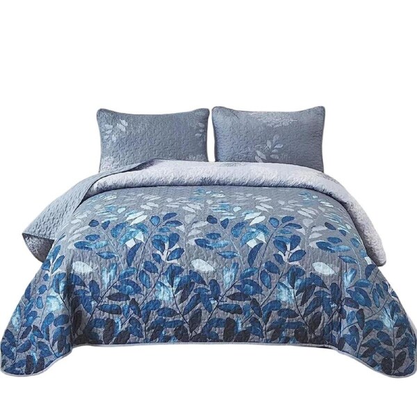 Quilted Coverlet Bedding Comforter Bedspread Set - Blue Leaf