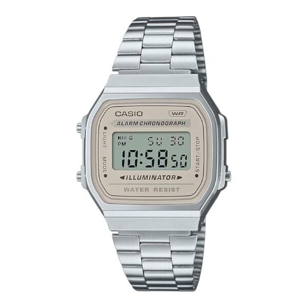 Casio A168WA-8A Unisex Digital Silver Watch Cream Dial EL Light Stopwatch