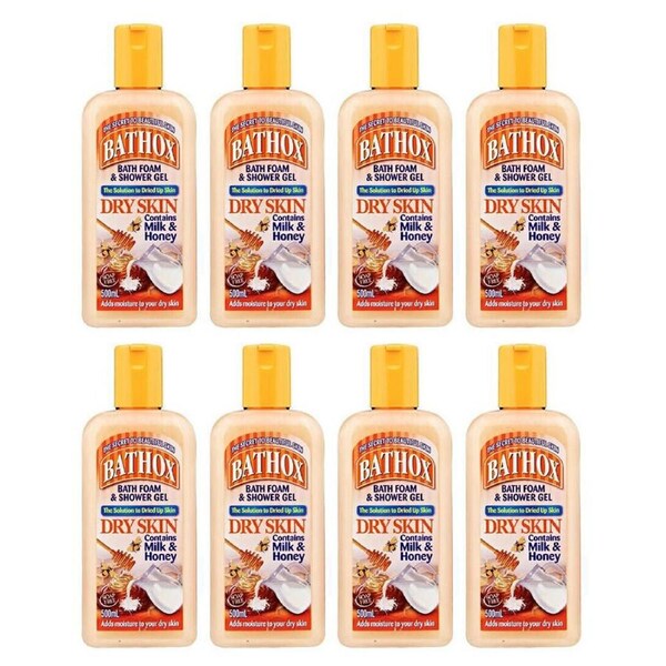 8PK Bathox Bath Foam Shower Gel Milk & Honey 500ml Moisturising Care Dry Skin