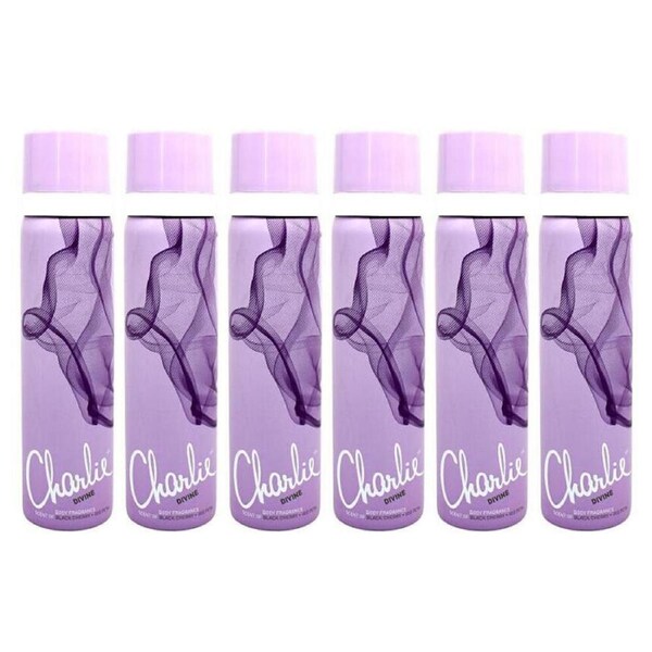 6PK Charlie Divine Women's Body Spray Fragrance Mist 75ml BLK Cherry Iris Petal