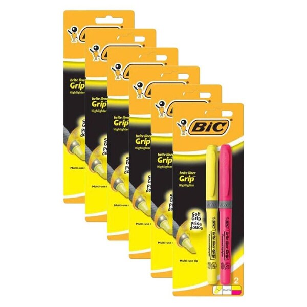 6x 2pc BIC Briteliner Grip Highlighter Pen Yellow & Pink Writing Stationery