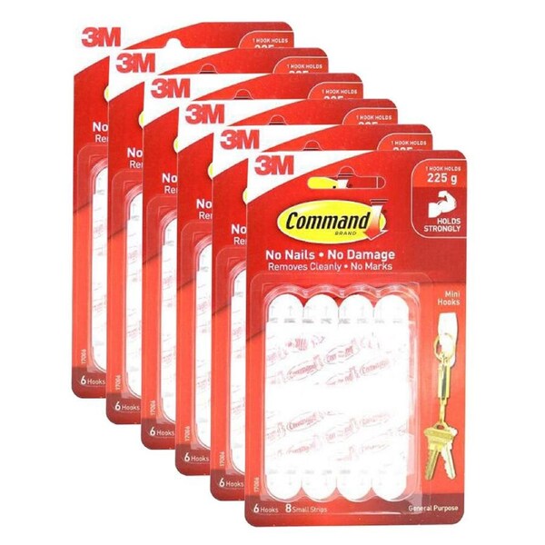 6x 4pc 3M Command No Nail Mini Hanging Wall Hook Organiser Holds 225g White