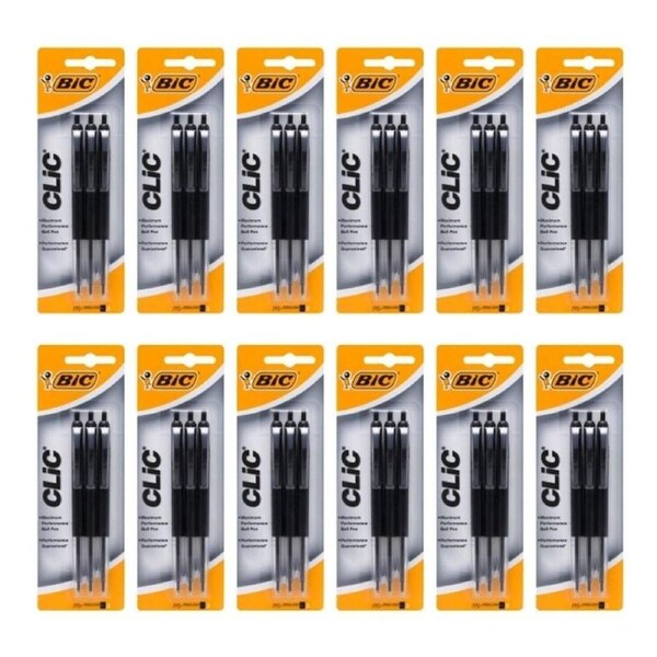 12x 3pc BIC Clic Retractable Ballpoint Pen Writing Ballpen BLK School Stationery