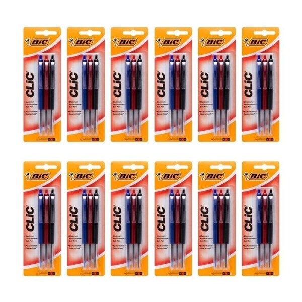 12x 3pc BIC Clic Retractable Ballpoint Pen Writing Ballpen School Stationery
