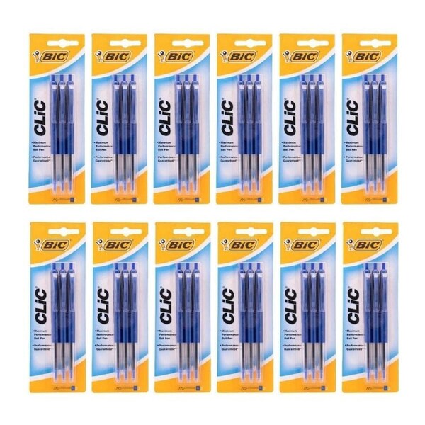 12PK 3pc BIC Clic Medium Ballpoint 1mm Writing Ballpen Blue School Stationery