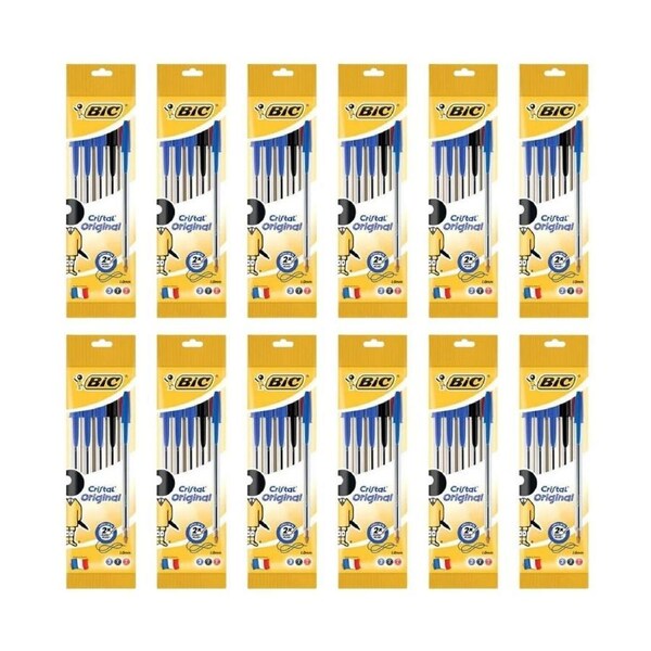 12x 5pc BIC Cristal Xtra Life Ballpoint 1mm Ballpen Blue School Stationery