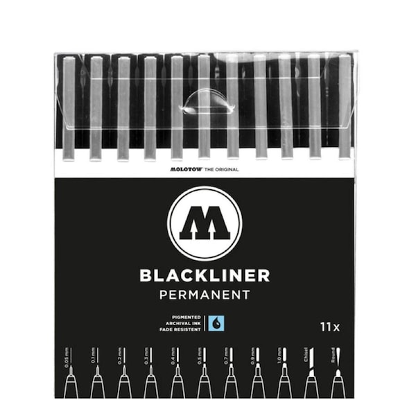 11pc Molotow Blackliner Complete Fine Line Marker Pen Set Black Ink
