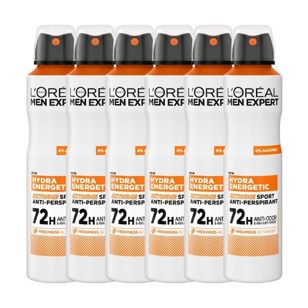 6 x L'Oreal Paris Men Expert Hydra Energetic Extreme Sport 72HR Antiperspirant Spray Deodorant 250mL