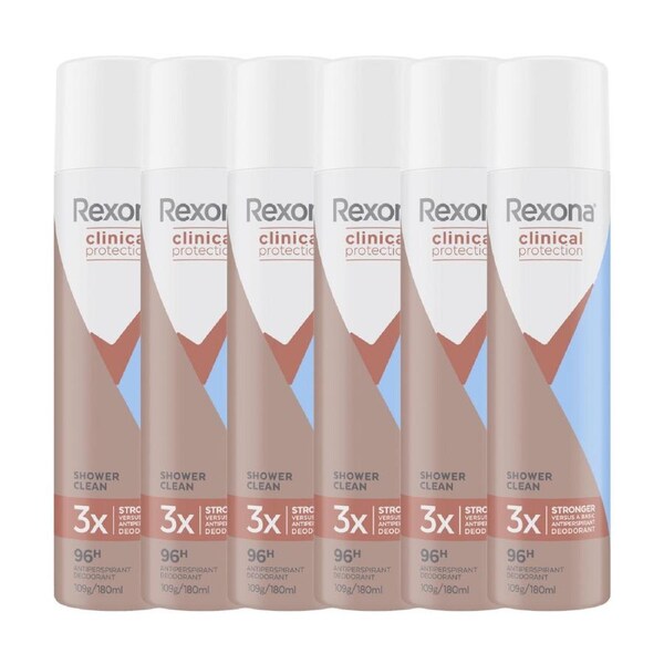 6 x Rexona Clinical Protection 96H Shower Clean Antiperspirant Spray Deodorant 180mL