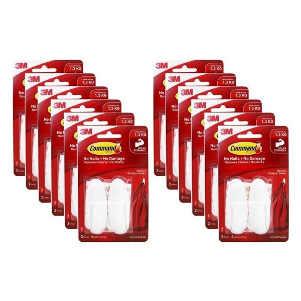 12x 2pc 3M Command No Nail Medium Designer Hanging Wall Hook Holds 1.3kg White