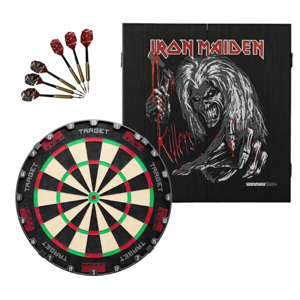 Target Darts TOR Dart Board + Winmau Iron Maiden Killers Cabinet + Darts Set