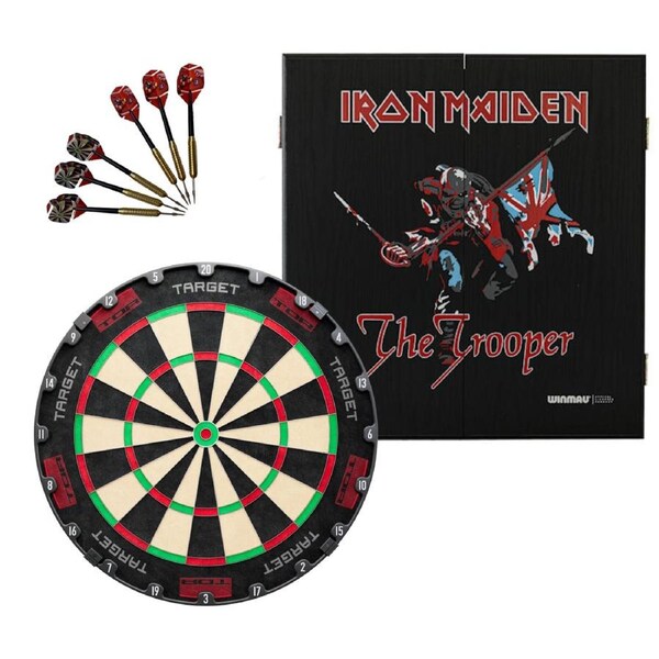 Target Darts TOR Dart Board + Winmau Iron Maiden Trooper Cabinet + Darts Set