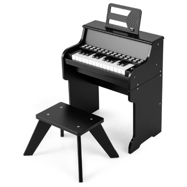 Babyjoy 25 Keys Kids Piano Keyboard w/Stool Music Stand & Teaching Mode Mini Digital Piano Toy Educational Music Instrument Black