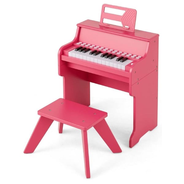 Babyjoy 25 Keys Kids Piano Keyboard w/Stool Music Stand & Teaching Mode Mini Digital Piano Toy Educational Music Instrument Pink
