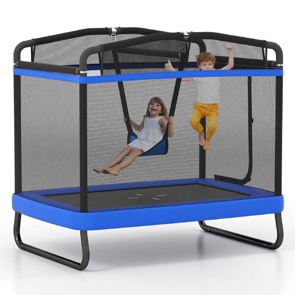 Babyjoy 6 FT Trampoline w/Swing Horizontal Bar & Enclosure Net Indoor Outdoor Rectangle Rebounder Jumping Fun Gift Blue