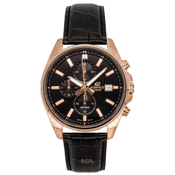 Casio EDIFICE Quartz EFV-610ECL-1A Mens Watch Chronograph Stopwatch Leather Strap Black Dial 100M