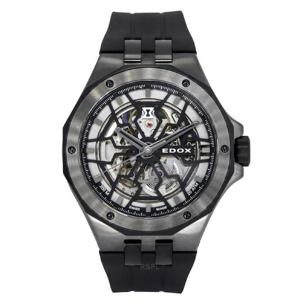 Edox Delfin The Original Mecano Automatic Swiss Made 85303357GNNGN Mens Watch Rubber Strap Skeleton Black Dial Diver 200M