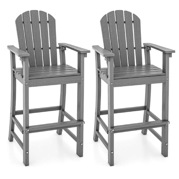 Costway 1.33M 2-Pack Adirondack Bar Arm Chairs w/Footrest High Backrest Slatted Outdoor Counter Height Stools Grey