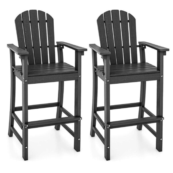Costway 1.33M 2-Pack Adirondack Bar Chairs w/Footrest High Backrest Slatted Outdoor Counter Height Stools Black