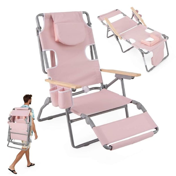 Costway Outdoor Beach Chair Folding Lounge Chair Reclining Beach Chair w/Footrest Adjustable Backrest Beige