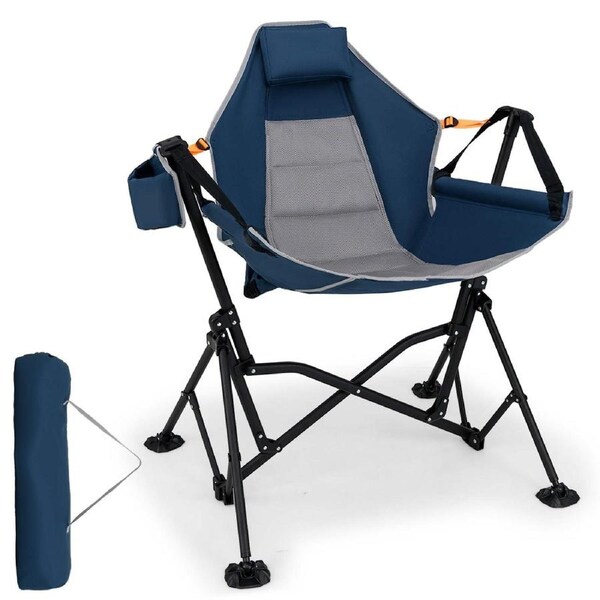 Costway Oversized Hammock Camping Chair Foldable Swing Chair w/Cup Holder Adjustable Backrest Headrest Blue
