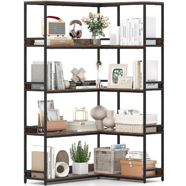 Costway 180CM Corner Bookshelf 5-Tier L-Shaped Utility Shelves Metal Frame Bookcase Rustic Brown